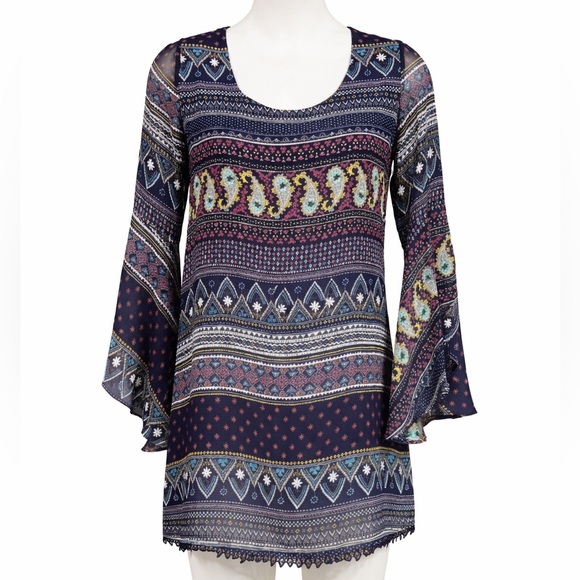 dee elle Dresses & Skirts - Dee Elle Navy Boho Print Dress | Bell Sleeve | Lace Hem Detail | Size S